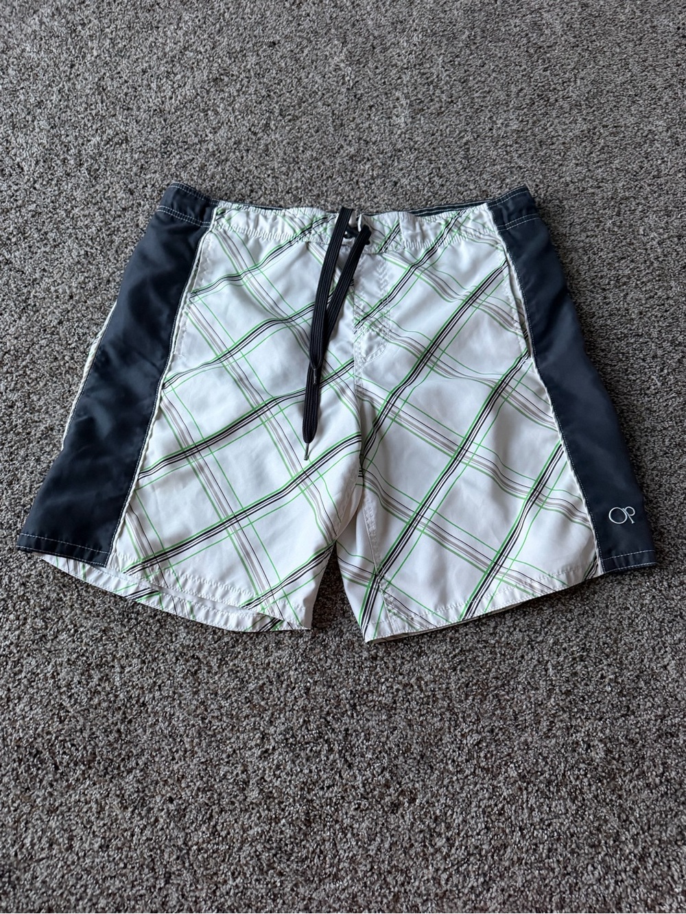 OP Ocean Pacific Mens Medium Board Shorts White Green Plaid Swim Trunks Surf